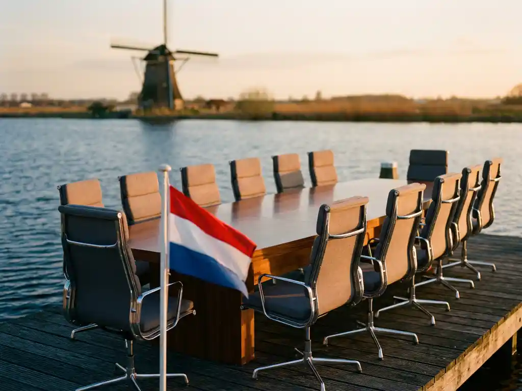 Modern conference table with corporate chairs on wooden dock overlooking Dutch waters with windmill in background at sunset.
