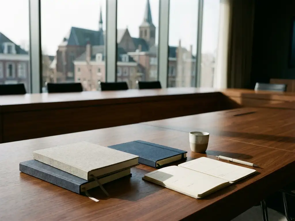 Modern conference table with notebooks and planning materials, Arnhem historic architecture visible through windows