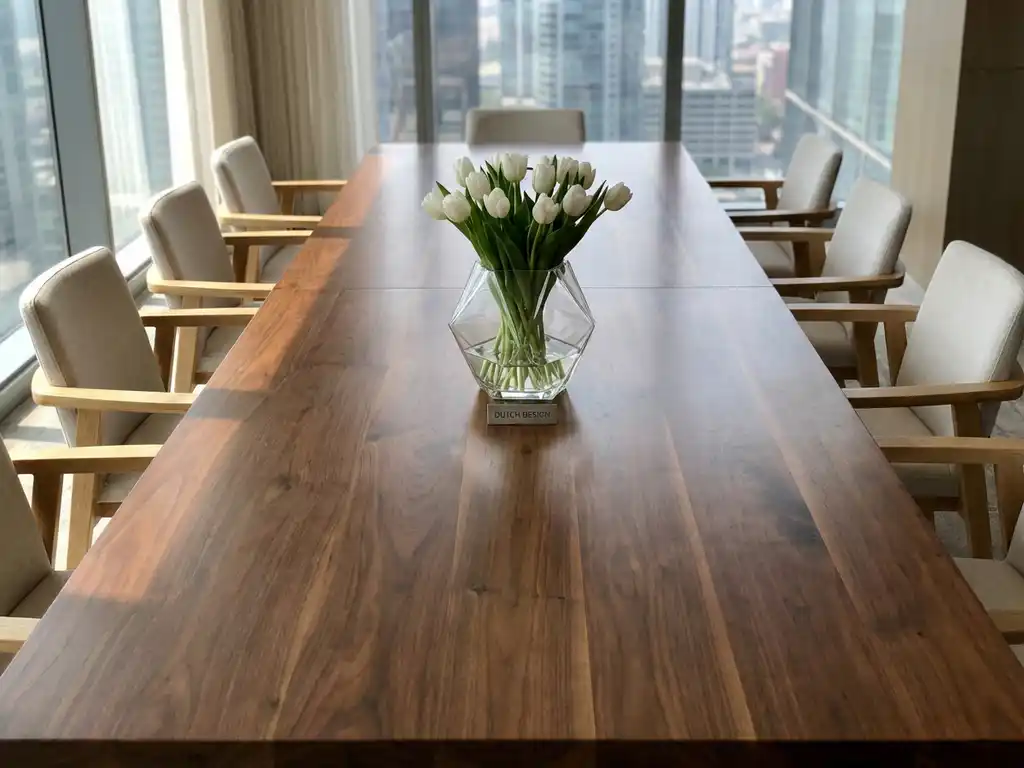 Modern boardroom with minimalist geometric vase holding white tulips on polished table, blonde wood chairs, natural light