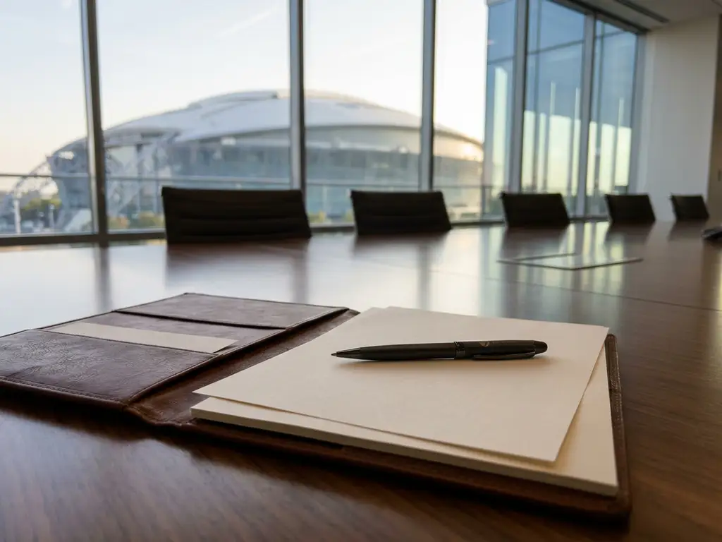 Open leather portfolio with documents and branded pen on polished conference table, stadium view through windows