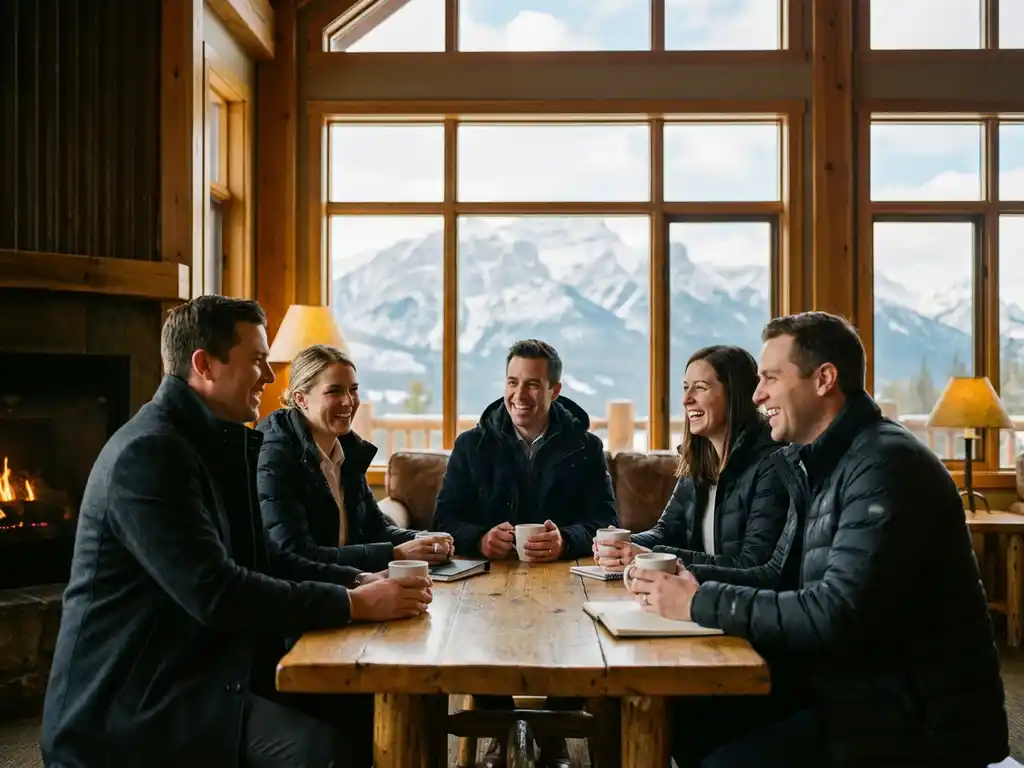 Business professionals in winter jackets meeting around wooden table at mountain lodge with snow-covered slopes visible outside.