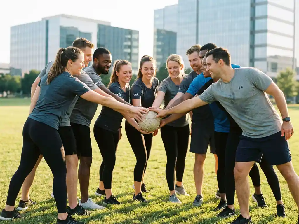 Diverse business professionals in athletic wear holding volleyball together in team huddle on grass field with office buildings in background
