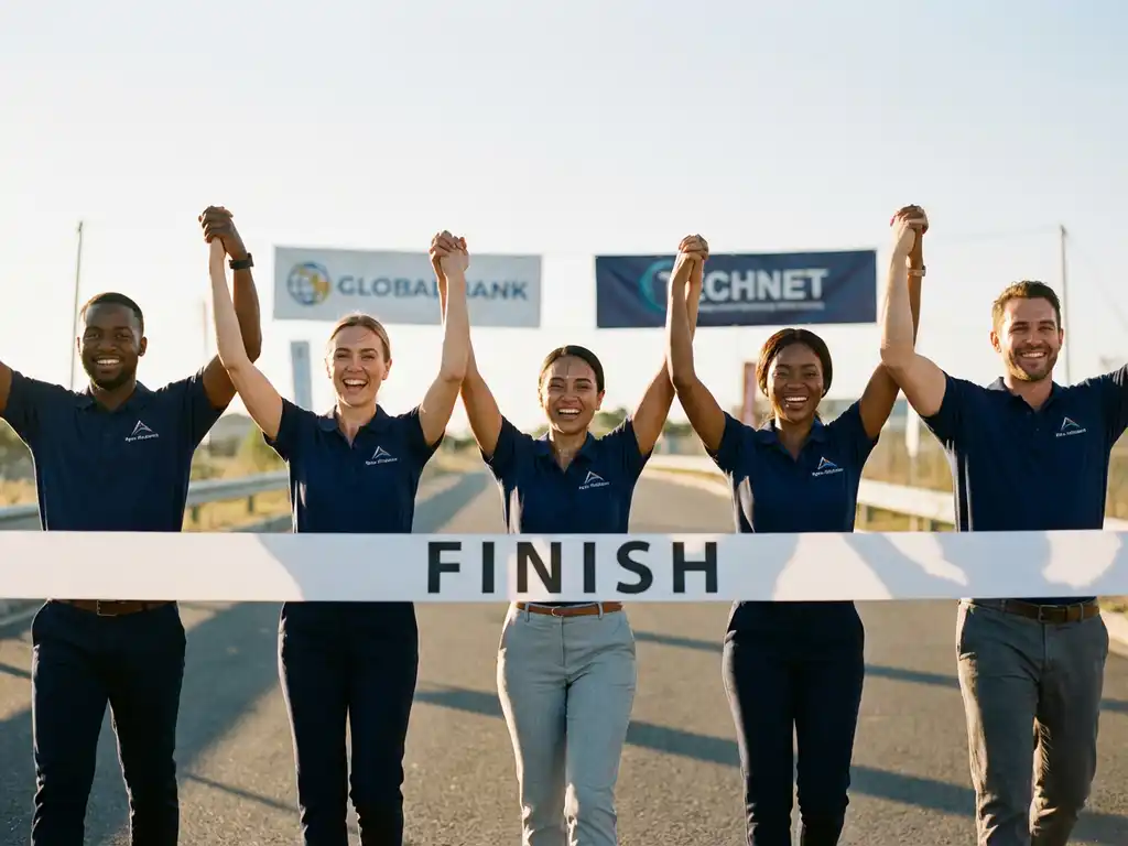 Business professionals in company polo shirts celebrating together as they cross marathon finish line with arms raised