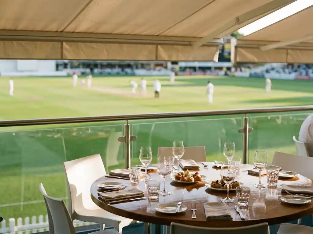 Premium cricket hospitality seating with elegant table setting overlooking green pitch with players in white uniforms