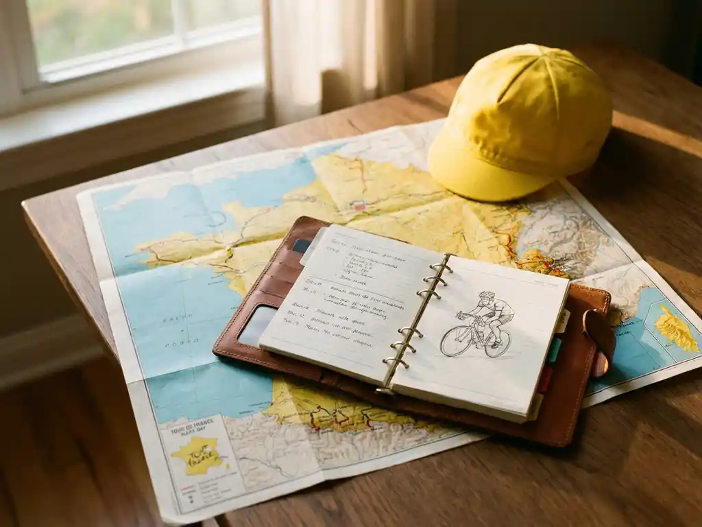 Open leather planner with handwritten notes on wooden table beside vintage Tour de France map and yellow cycling cap