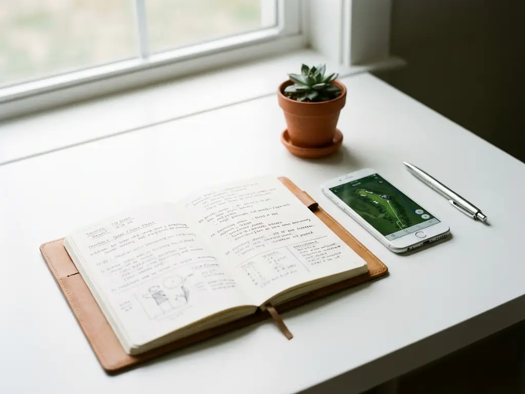 Open leather planner with handwritten notes on white desk beside smartphone showing golf course, small succulent, and pen