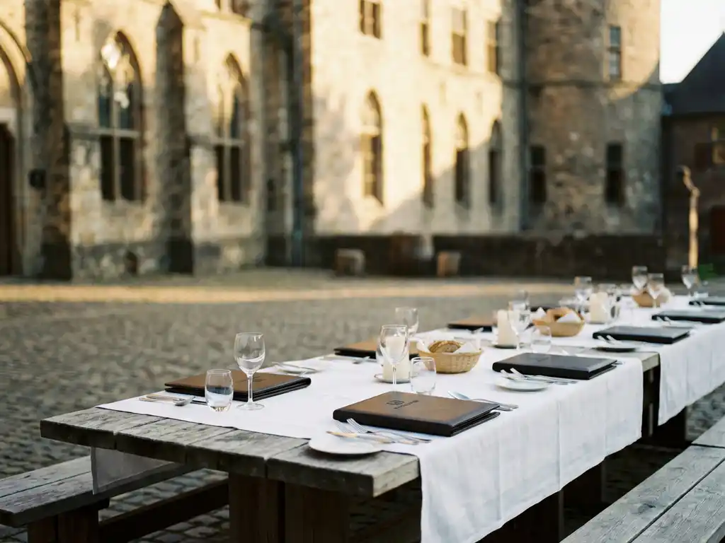 Corporate dinner table with white linens and glassware set in Dutch castle stone courtyard during golden hour