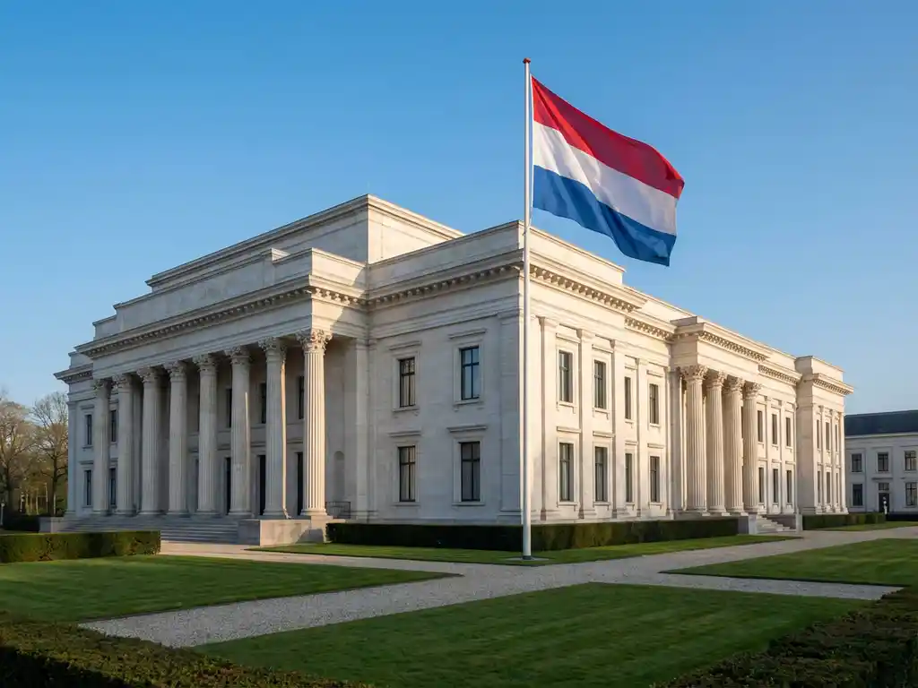 Dutch government building with neoclassical columns and white stone facade, Dutch flag flying against clear blue sky