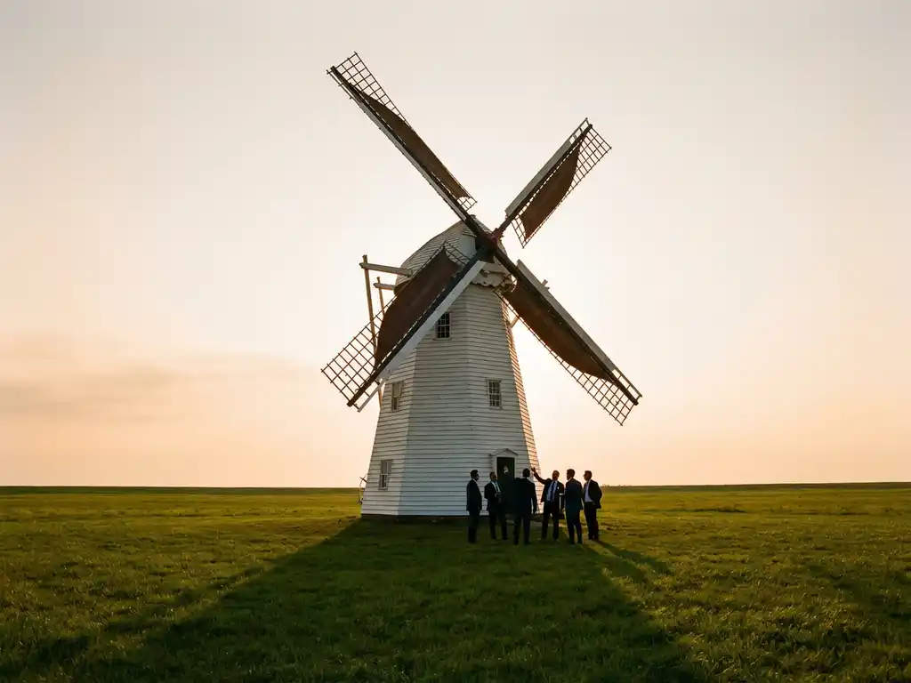 Traditional white Dutch windmill in green field with business professionals discussing at its base during golden hour