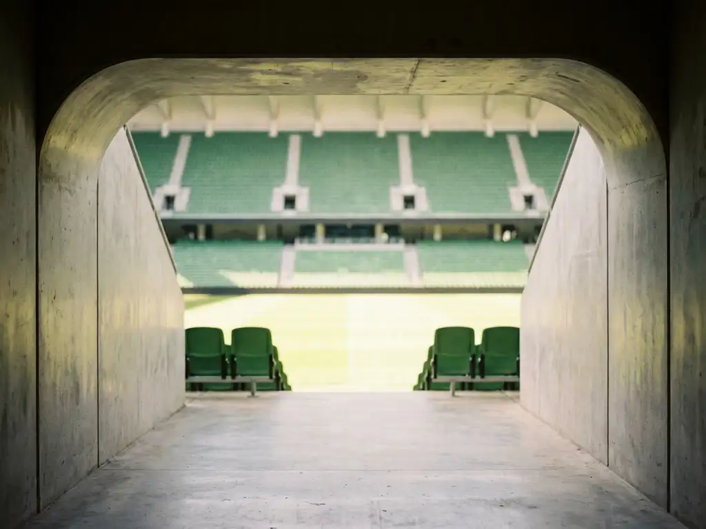 Empty stadium viewed from entrance tunnel showing symmetrical rows of seats ascending toward bright green field under natural daylight.