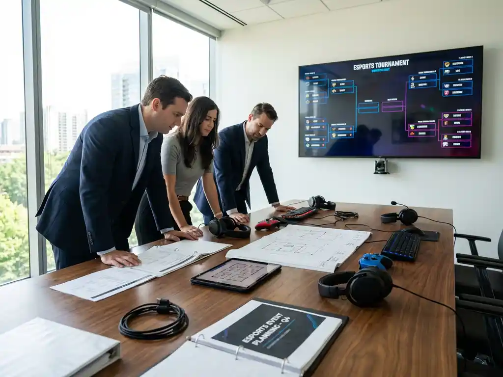 Business professionals planning esports tournament in modern conference room with gaming equipment and bracket display