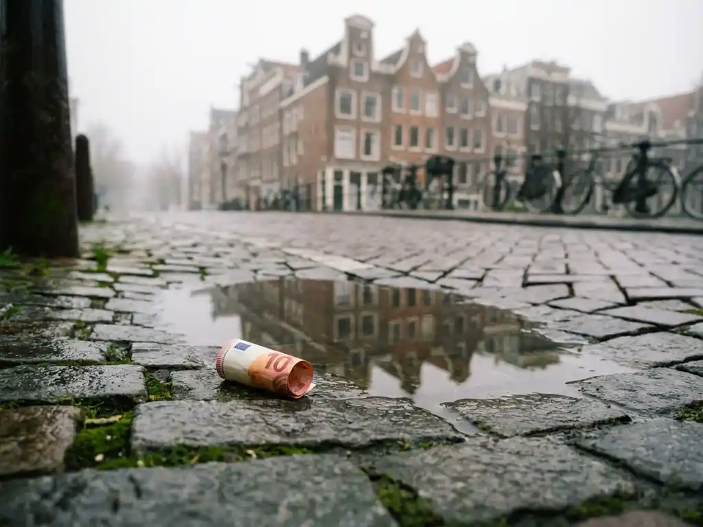 Euro banknote on wet cobblestone street in Amsterdam with traditional canal houses and morning mist in background.