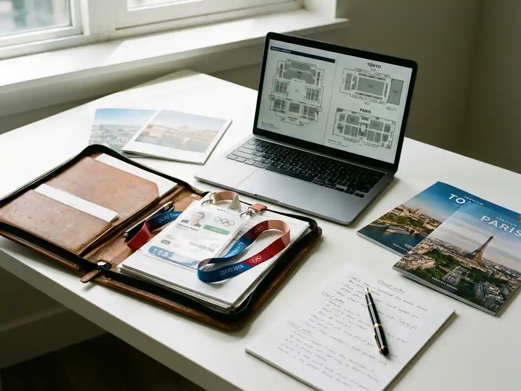 Professional event planner's desk with Olympic credentials portfolio, laptop showing venue layouts, and Tokyo Paris travel brochures