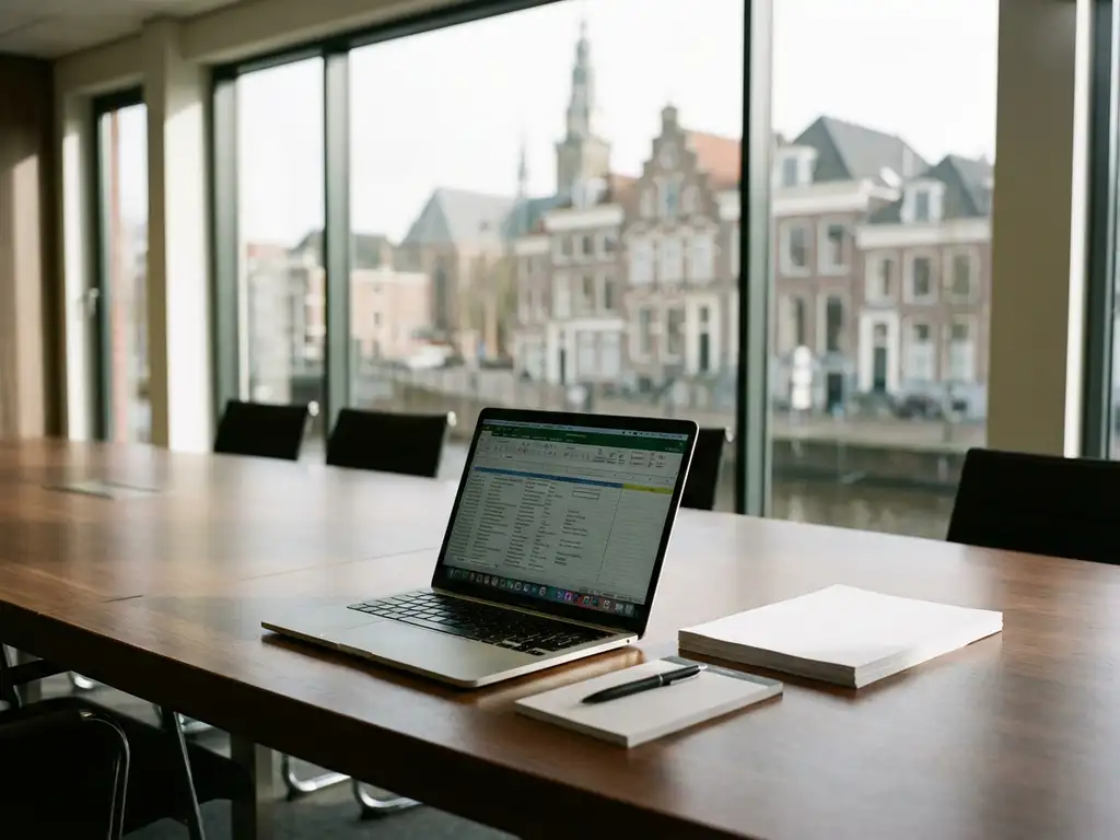Modern conference table with open laptop showing event planning spreadsheets, notepad and pen, overlooking Groningen cityscape