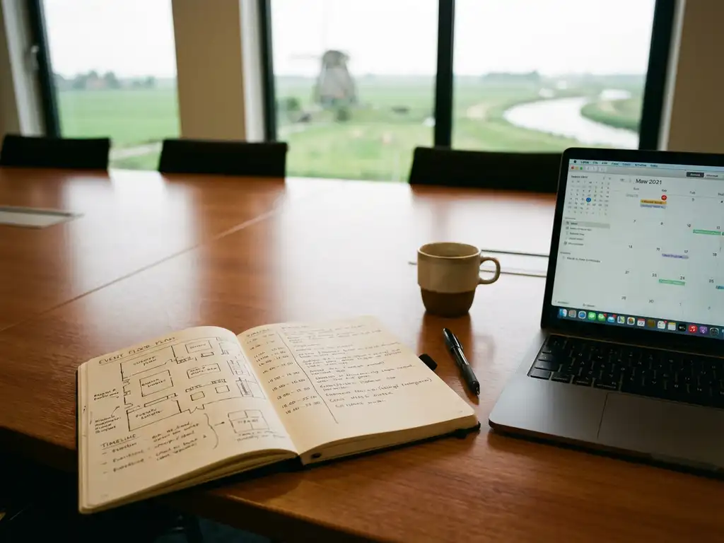 Open notebook with venue layout sketches beside laptop showing calendar on wooden conference table with coffee cup