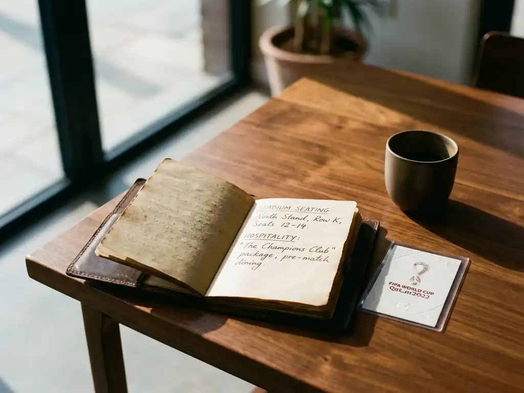 Open leather planner with handwritten notes on stadium seating next to FIFA World Cup ticket on wooden table