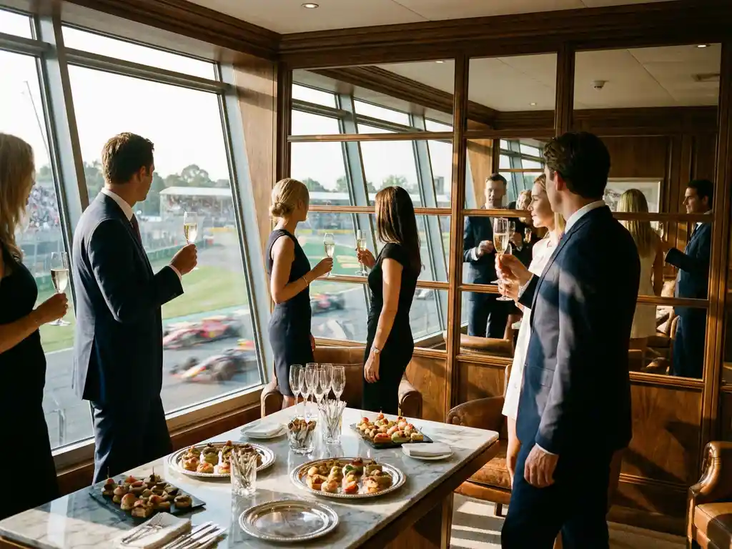 Business professionals in luxury corporate hospitality suite watching Formula 1 race through floor-to-ceiling windows.