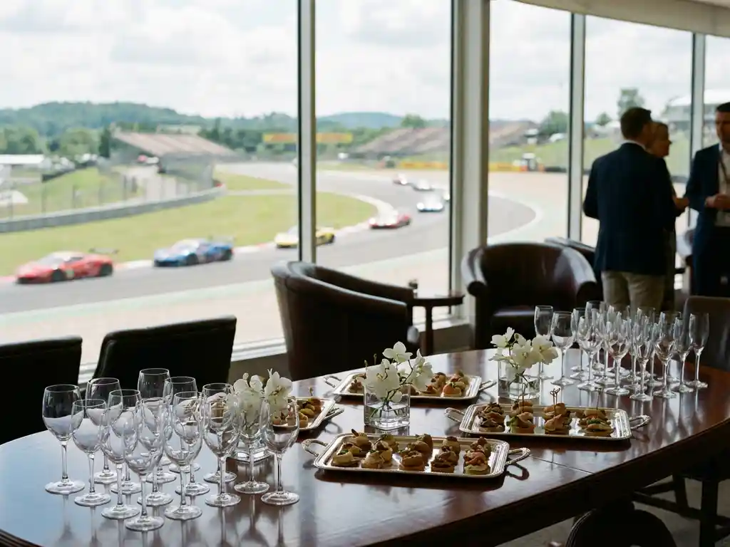 Luxury Formula 1 hospitality suite with elegant table setting, leather chairs, and racing circuit view through windows.