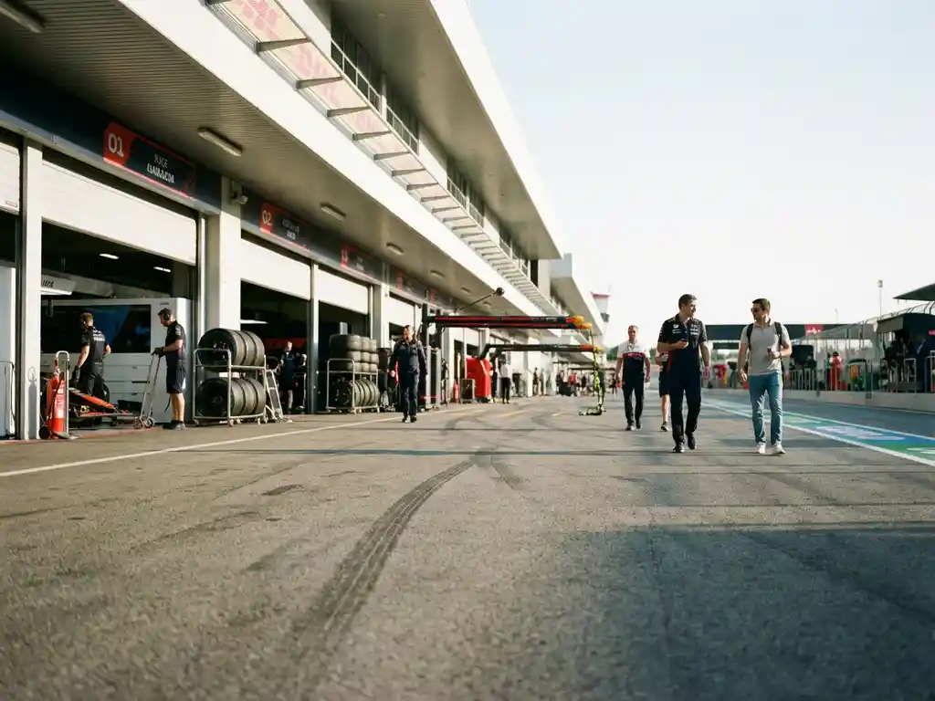 Formula 1 pit lane with garage doors and racing equipment, people walking on asphalt examining team setups in daylight