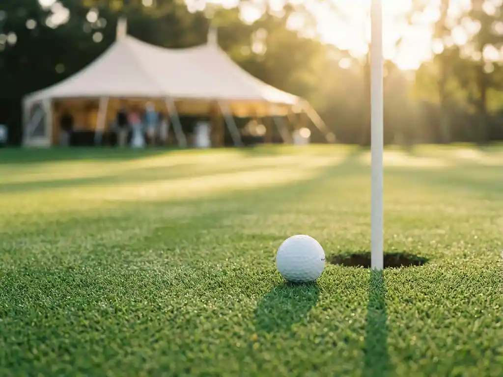 Golf ball positioned near hole on pristine green with corporate hospitality tent in background under morning sunlight.