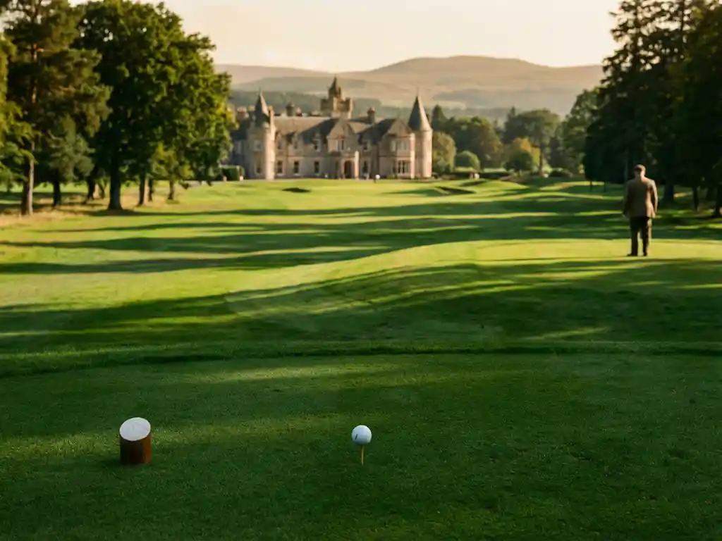 Golf ball on tee at pristine European golf course with rolling green fairways, hills, and clubhouse in morning light