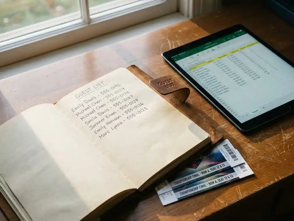 Open leather guest list notebook with handwritten names beside tablet showing digital spreadsheet and sports tickets on wooden desk