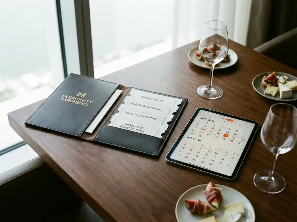 Hospitality package folder with premium event tickets, tablet calendar, wine glasses and gourmet appetizers on wooden table