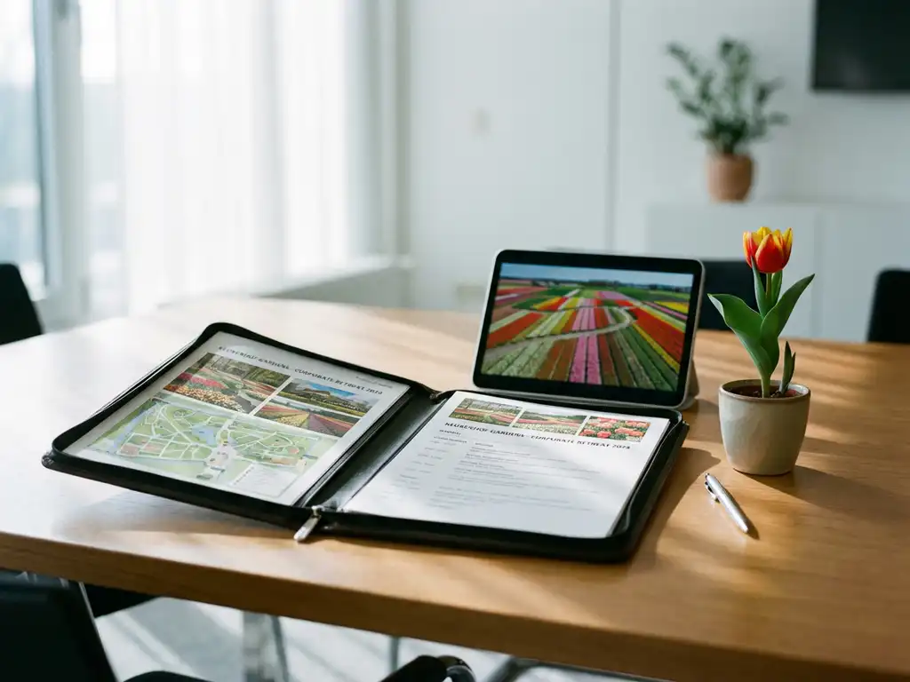 Corporate itinerary folder open to Keukenhof tulip garden layouts beside tablet showing aerial tulip field views on wooden desk.