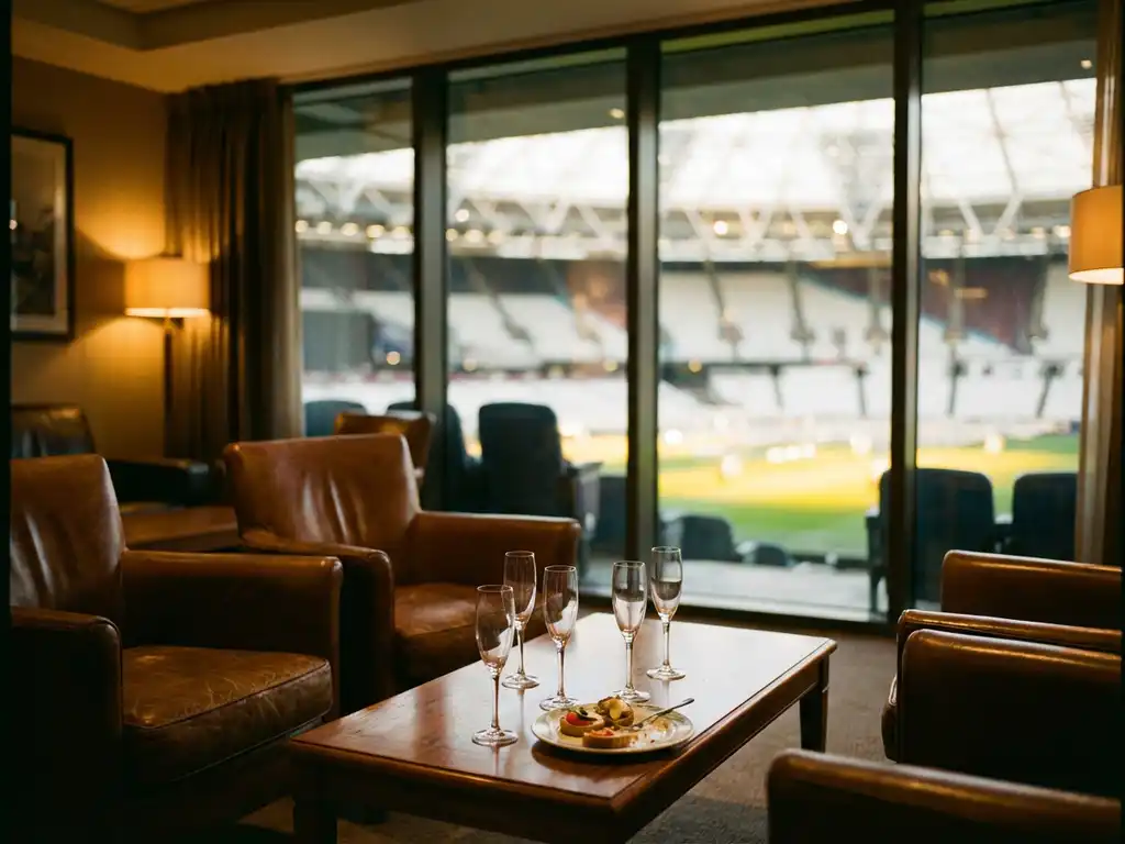 Elegant hospitality lounge with leather chairs, champagne glasses, and gourmet appetizers overlooking stadium field