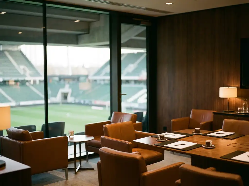 Modern luxury skybox suite with leather seating, wooden table, and floor-to-ceiling windows overlooking stadium field