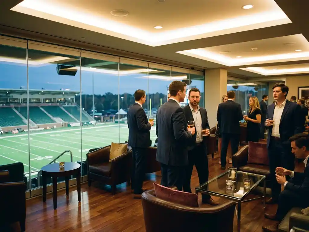Luxury stadium suite with floor-to-ceiling windows overlooking football field, guests in business attire at cocktail tables