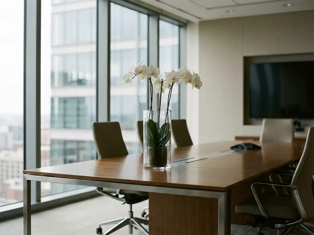 White orchids in glass vase on modern conference table in bright corporate meeting room with floor-to-ceiling windows