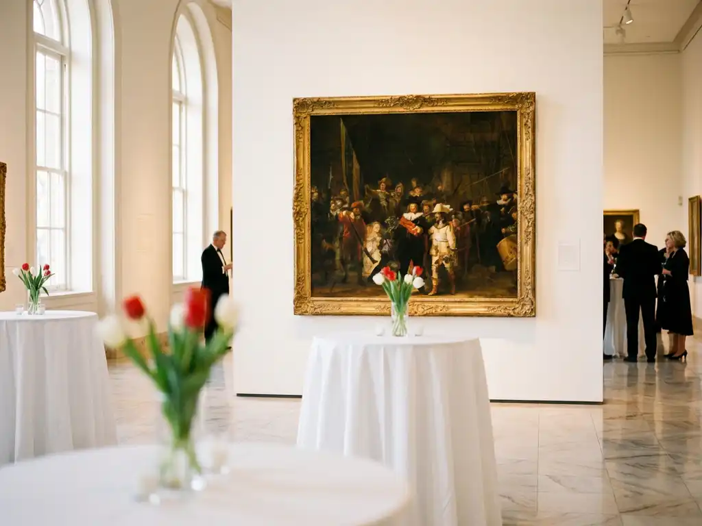 Classical Dutch painting displayed on white gallery wall in elegant museum event space with cocktail tables and tulips
