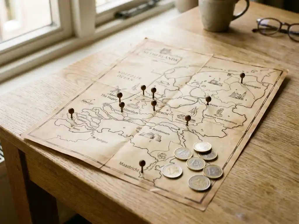 Paper map of Netherlands on wooden table with pins marking Dutch cities and Euro coins, lit by natural window light.