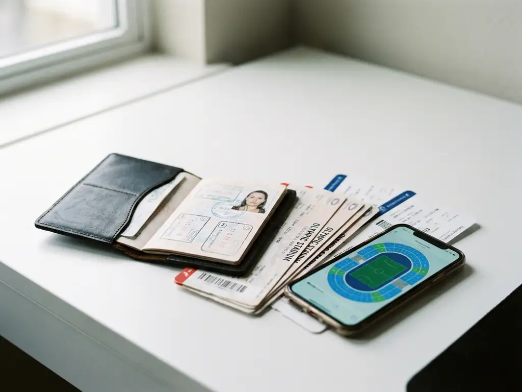 Open passport beside event tickets and boarding passes with smartphone showing stadium map on white desk