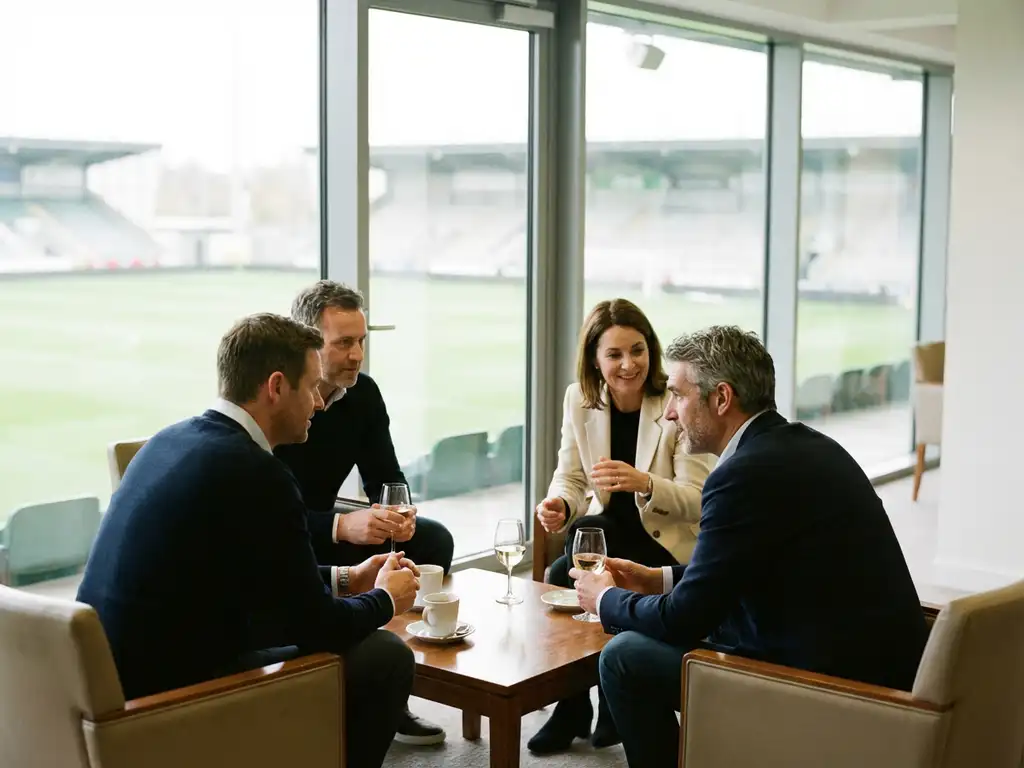 Four people socializing with drinks in premium stadium suite overlooking sports field through large windows
