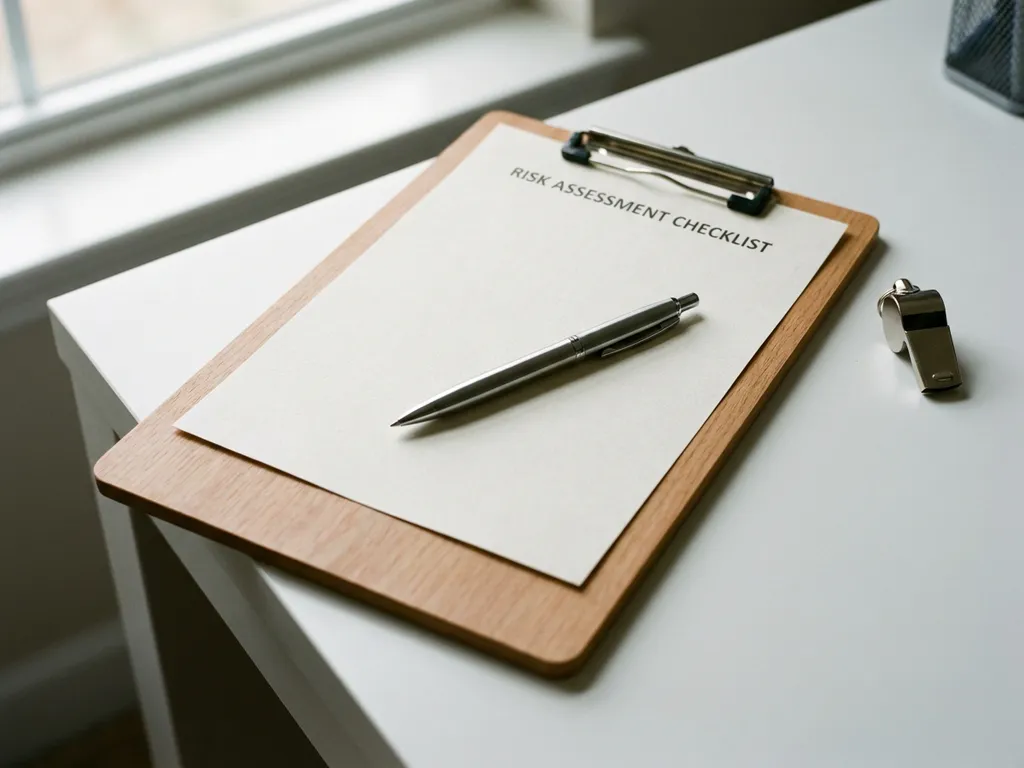 Risk assessment checklist on wooden clipboard with silver pen and sports whistle on white desk in natural light.