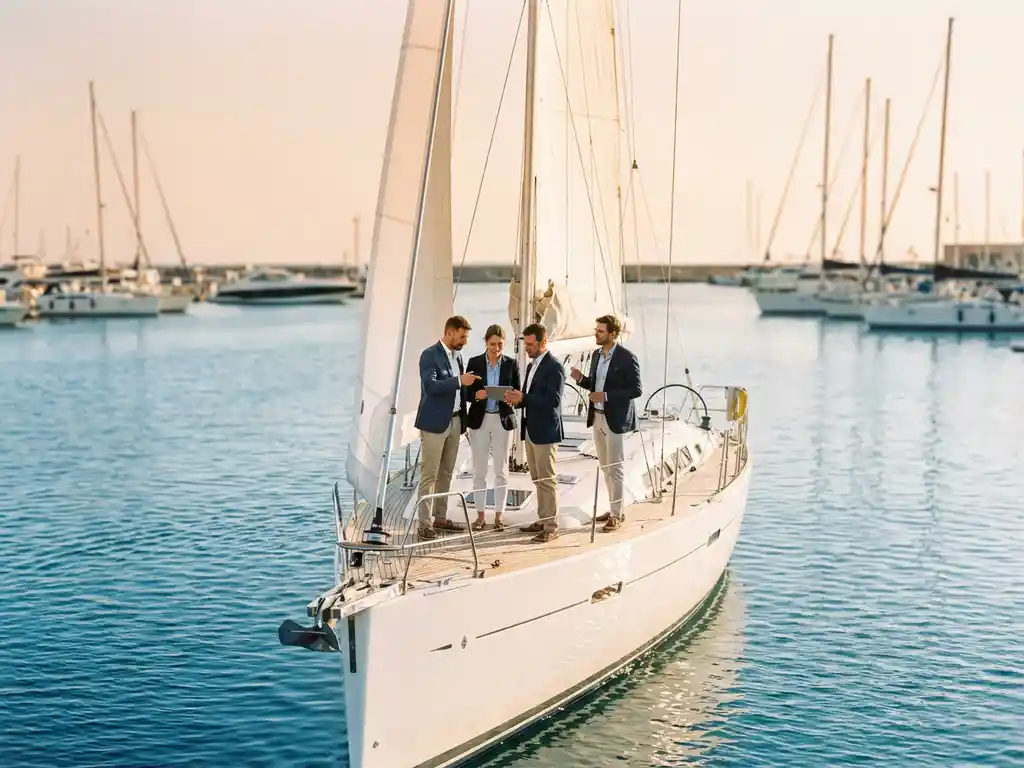 Business professionals discussing on white sailboat deck in calm harbor marina during golden hour