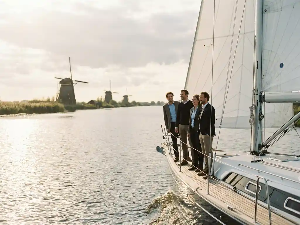 Corporate professionals on sailing yacht deck with white sails on calm Dutch waters, windmills visible on shoreline