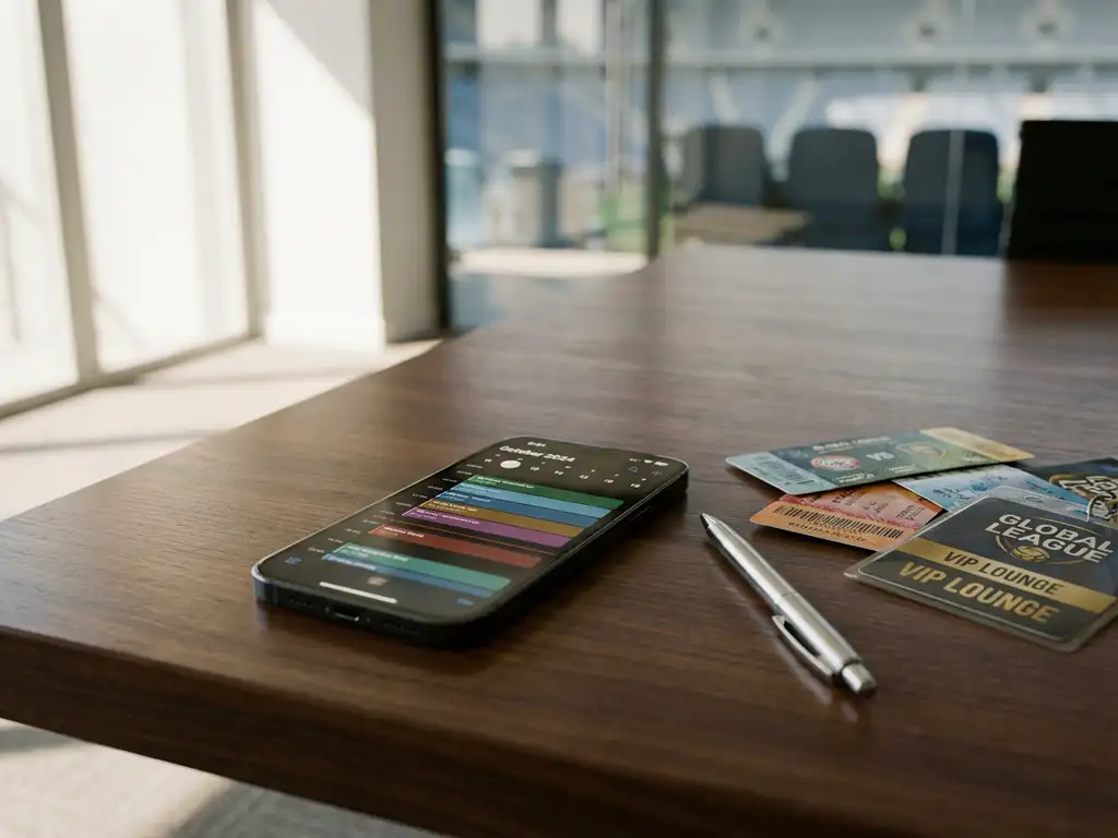 Smartphone displaying calendar app on wooden conference table with sports event tickets and pen in office setting