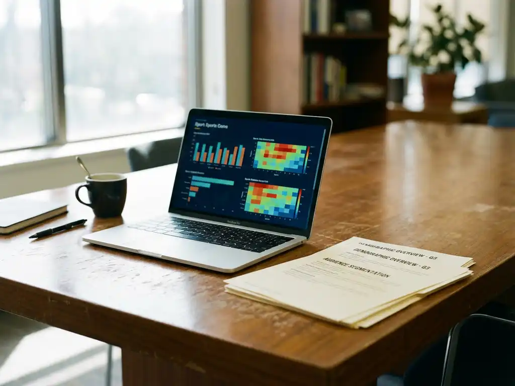 Open laptop displaying colorful sports analytics charts on wooden conference table with stacked reports, coffee cup, and pen in natural light workspace.