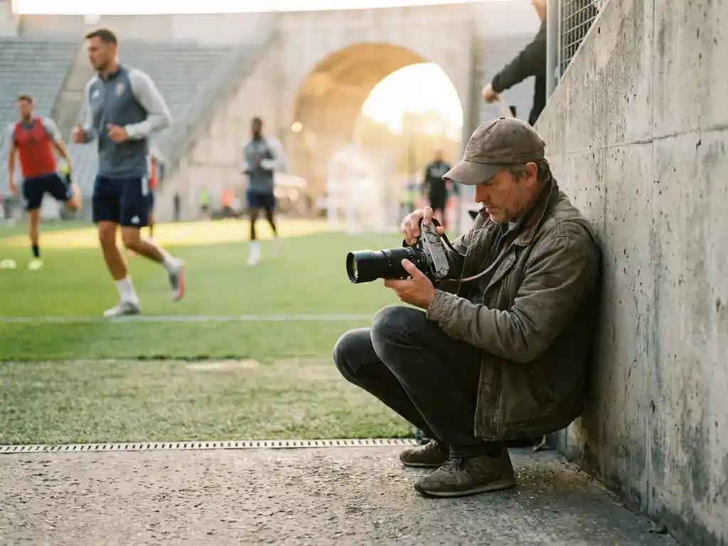 Sports photographer crouched on sidelines adjusting camera settings with players warming up and stadium tunnel in background
