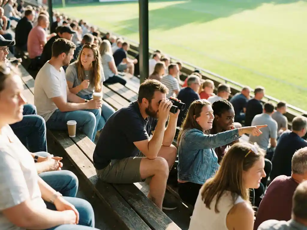 Diverse crowd of sports fans in stadium bleachers, some focused on game while others chat casually in warm sunlight.