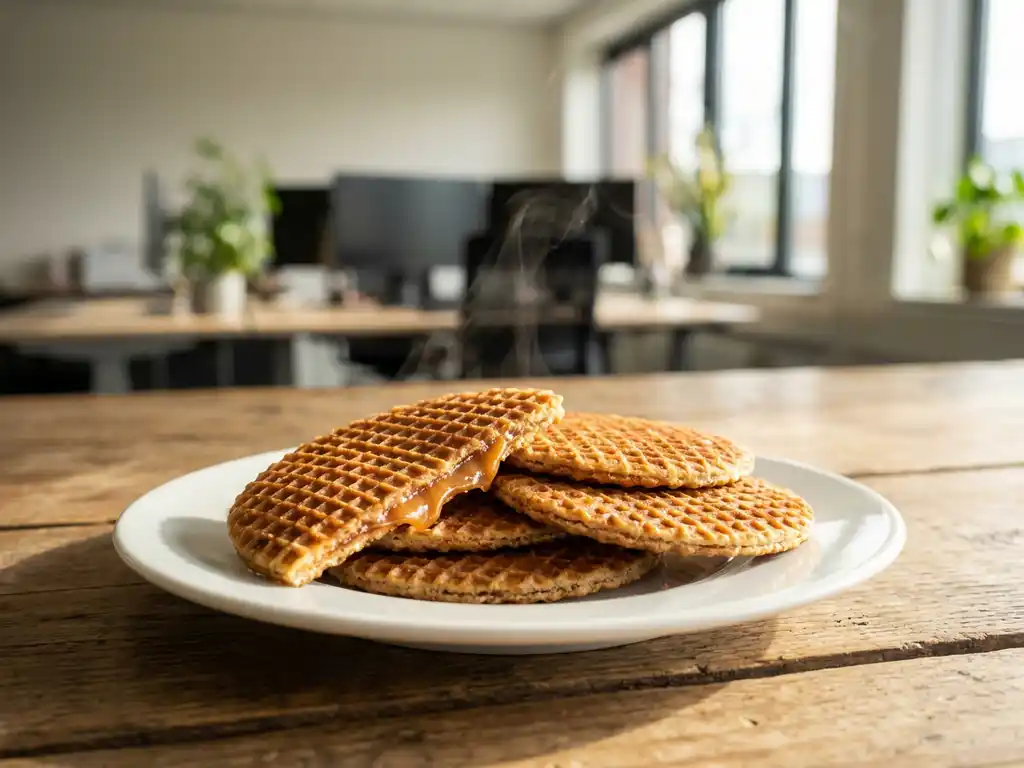 Golden stroopwafels on white plate with one cut in half showing caramel layer, steam rising on wooden table