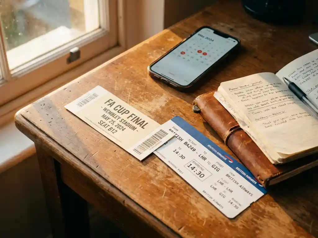 Stadium ticket and boarding pass on wooden desk next to open planner and smartphone with calendar app in warm sunlight.