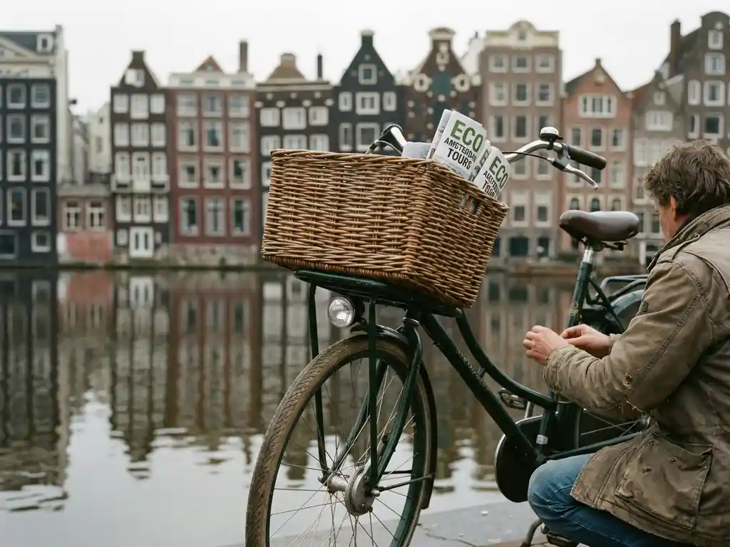 Vintage Dutch bicycle with wicker basket parked beside Amsterdam canal, person examining bike, traditional houses reflected in water