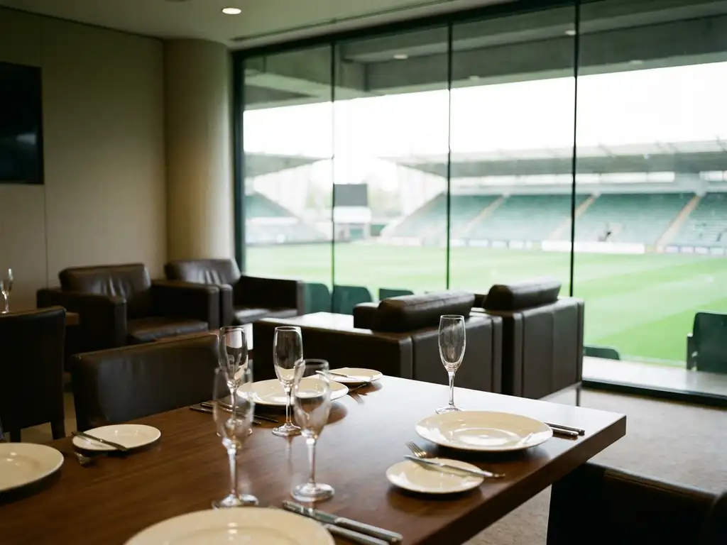 VIP hospitality suite with elegant leather seating, fine dining table setup, and floor-to-ceiling windows overlooking stadium field.