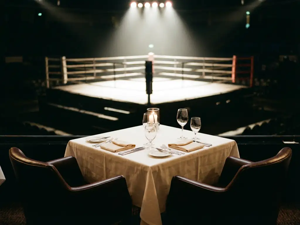 VIP hospitality table with white tablecloth and elegant place settings overlooking empty boxing ring under spotlights