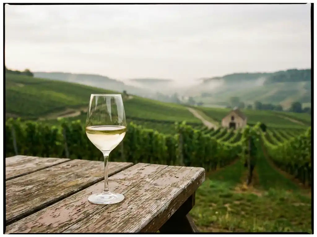 White wine glass on wooden table overlooking Dutch vineyard with rolling green hills and morning mist