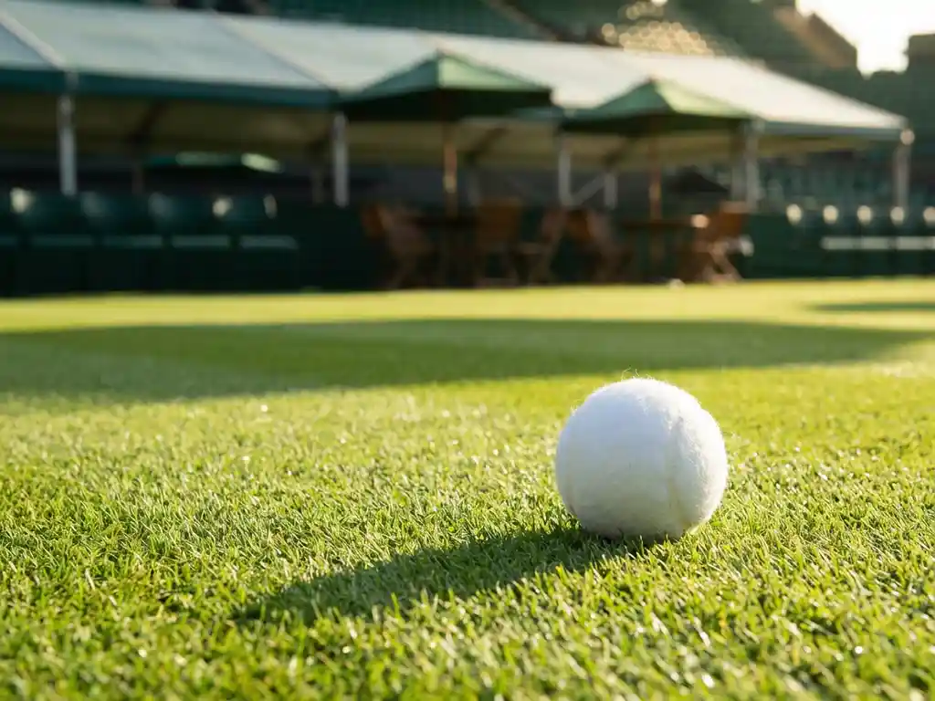Tennis ball on Wimbledon Centre Court's green grass with hospitality seating in background during sunny afternoon.